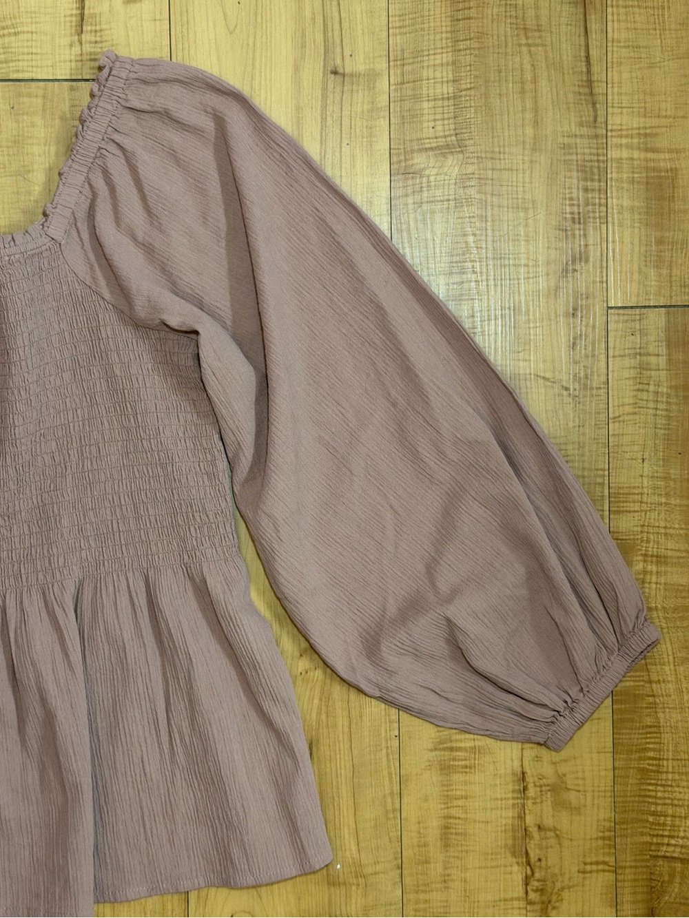 Madewell Babydoll Smocked Square Neck Puff Sleeve Peplum Top in Dusty Rose - Picture 13 of 15